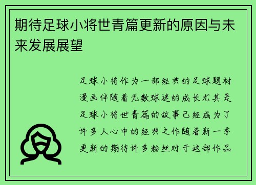 期待足球小将世青篇更新的原因与未来发展展望